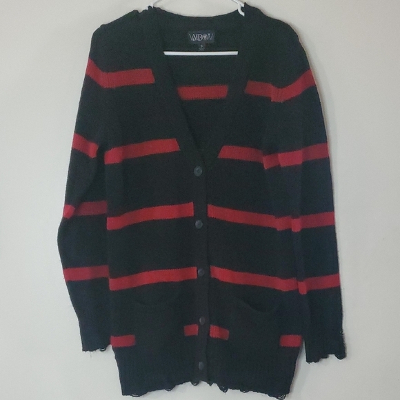 Dolls Kill Widow Black Red Stripe Button Cardigan Size Small Oversized Distress - Picture 1 of 9